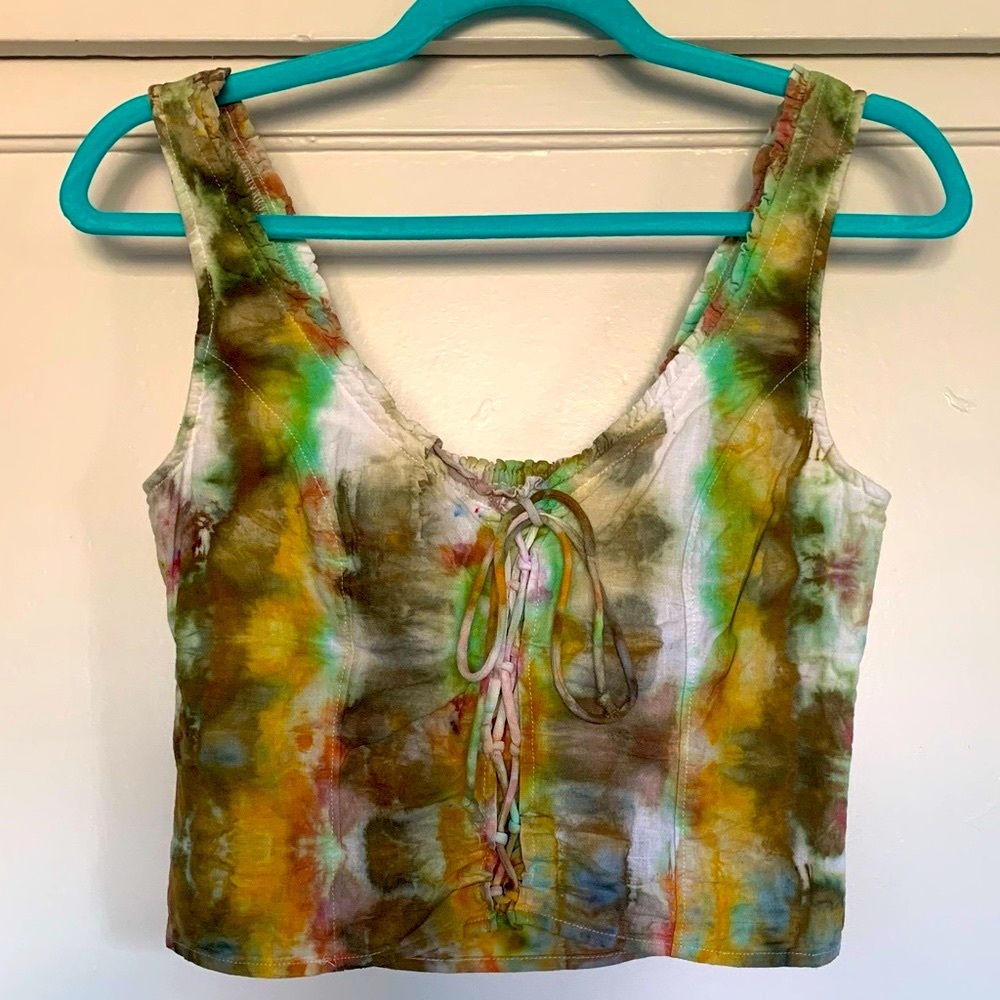 Cropped corset bodice too, cinches and ties in front, ice tie dye ruffled collar